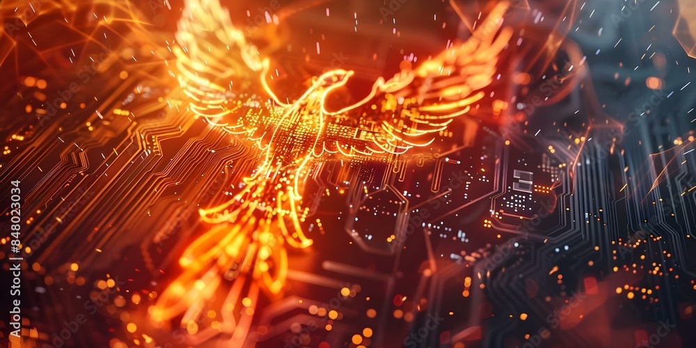 Poster recovering digital data after a disaster like a phoenix rising from ashes. concept disaster recovery