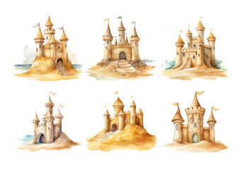 Cute watercolor painting style illustration of Sand Castle, isolated on white background