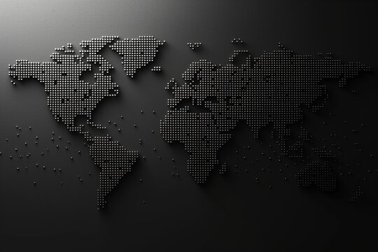 Fototapeta Dark abstract 3D world map with textured dots, creating a modern and minimalistic global concept on a black background.