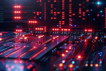 Fototapeta premium AI glowing circuit board in a high tech environment, symbolizing advancements in artificial intelligence hardware.
