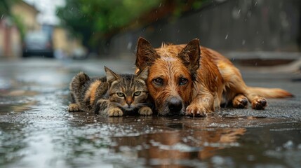 Abandoned pets in the rain, Stray dog and cat on desolate road