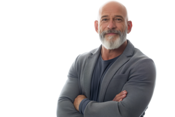 Smiling Bald Senior Man in Gray Blazer on White Background