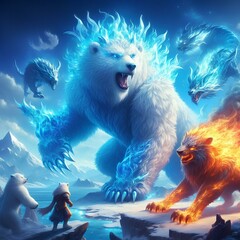 king ice bear with snow landscape and king ice dragon