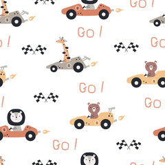 Seamless pattern with animal racers. Cute animal collection. For fabric, textile, wallpaper, wrapping, apparel design © LindaAyu