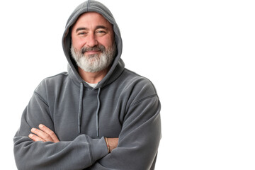 Fototapeta premium Smiling Senior Man in Gray Hoodie with Arms Crossed on White Background