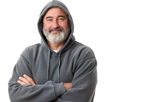 Smiling Senior Man in Gray Hoodie with Arms Crossed on White Background