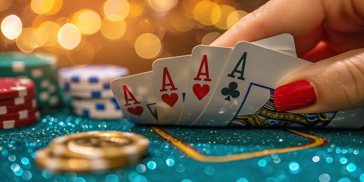 A hand of poker with four aces and chips on a glittery table. Perfect image for concepts of luck, gambling, and casino games.