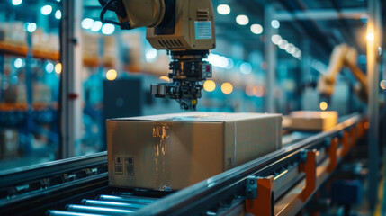 Fototapeta premium Automated robotic arm packaging boxes on a conveyor belt in a modern factory, showcasing industrial automation and efficiency.