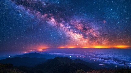 Fototapeta premium Starry Night over Mount Hehuan: Breathtaking Milky Way View in Taiwan's Mountain Landscape