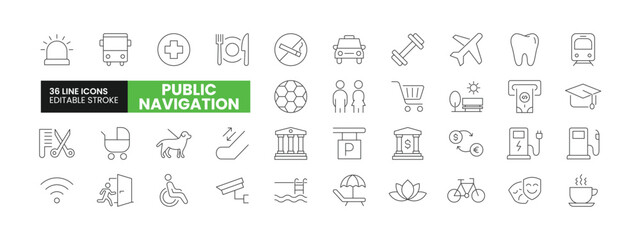 Set of 36 Public Navigation line icons set. Public Navigation outline icons with editable stroke collection. Includes Taxi, Education, Barber, Internet, Disablity, and More.
