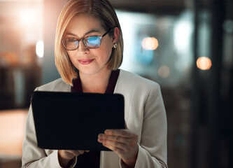 Tablet, search and business woman with glasses in night office online for planning, research or b2b...