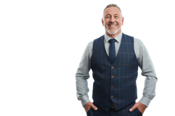 Smiling Senior Man in Blue Pinstripe Vest with Hands in Pockets on White Background