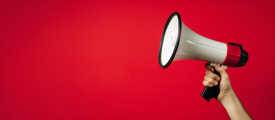 A man's hand holds a white hand-held loudspeaker on a red background. Motivate the audience to take certain actions, be it purchasing a product, participating in an event, or supporting a movement.