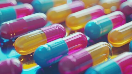Vibrantly hued medication capsules and tablets in a pharmaceutical laboratory symbolizing advancements in medical technology research aimed at curing diseases in the future