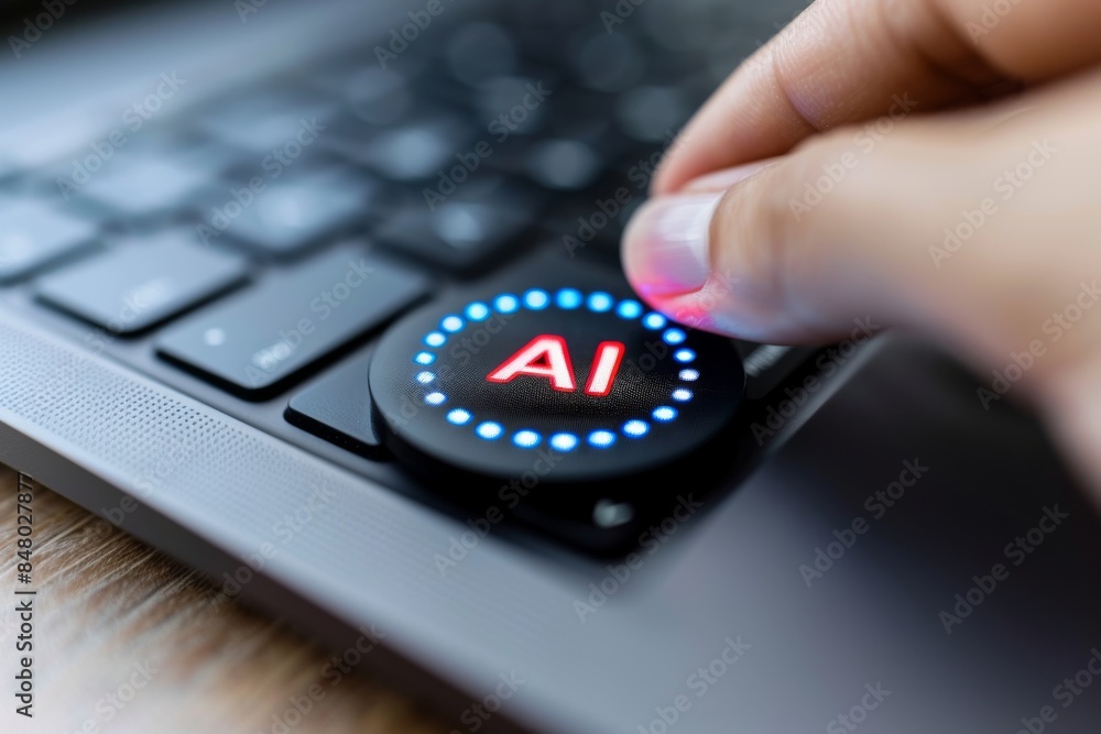 Poster ai keyboard button with glowing elements, representing advancements in artificial intelligence and m