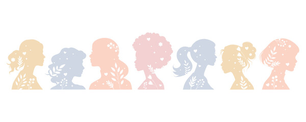 Female color silhouette with flowers and plants, diversity of women, girls. Vector simple