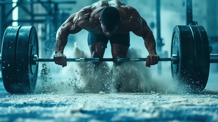 A muscular man lifts a heavy barbell in a gym, his effort creates a cloud of dust. The photo captures strength and determination.