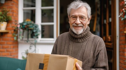 An elderly smiling man is standing in front of a house holding a paper package, with plants in the background