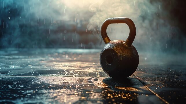 A single kettlebell sits on a wet surface, illuminated by a bright light. The image evokes a sense of strength and determination.