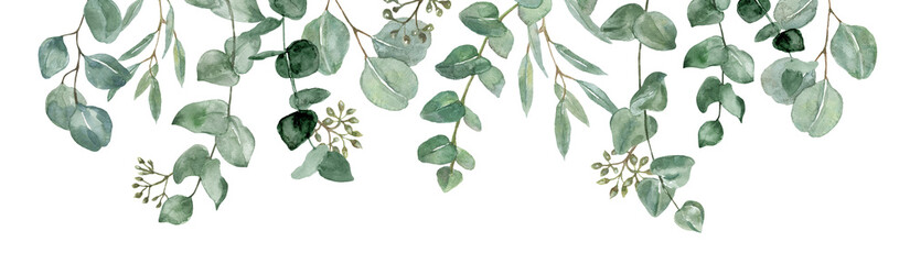 Horizontal leaf border. Watercolor floral drop made of green foliage and eucalyptus branches. Botanical frame illustration. PNG clipart.