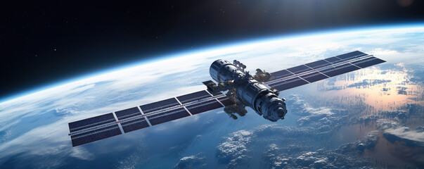 Fototapeta premium Spacecraft Orbiting Earth With Solar Panels and Earths Atmosphere