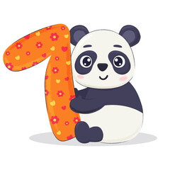 Cute panda bear character with number seven. Seventh baby birthday postcard, party invitation element.
