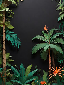 A vibrant and lush tropical scene rendered in a striking paper cutout style.