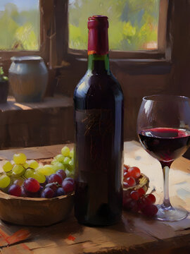 The image shows a still life composition featuring a bottle of red wine, a glass of red wine, and a bowl of red grapes.