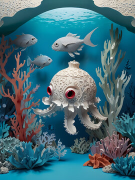 The image shows a colorful underwater scene with a coral reef,  various fish, and an octopus. The octopus and fish are made out of paper with red eyes,paper cuts style.