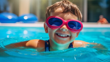 Naklejka premium A smiling boy in swimming glasses in swimming pool