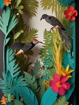 This image depicts a cut-out paper forest scene in a tropical style. There are two colorful birds perched on a branch of a leafy green tree. 