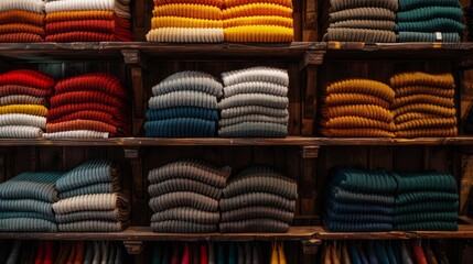 Colorful folded sweaters on wooden shelves
