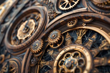 Obraz premium Close-up of intricate clockwork gears and cogs, a mesmerizing display of mechanical artistry.