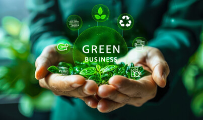 Technology concept on green business practices, corporate social responsibility initiatives focusing on eco-friendly operations, sustainability, reducing environmental impact, digital transformation