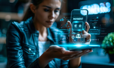 Business professional uses a futuristic interface to manage e-payment solutions and confirm transactions securely on a smartphone