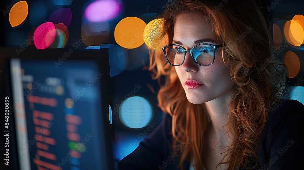 Poster a female professional is focused on her computer screen with abstract bokeh lights in the background
