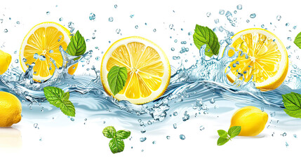 Photo of Lemon water splash isolated on a white transparent background, png. Lemon fruit slice, leaves and water splash. background water wave, citrus piece and mint foliage flying. 