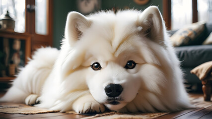 A Samoyed dog fluffy and sleepy is lounging on the home floor