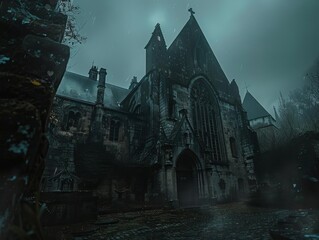 Obraz premium Gothic mansion with dark architecture, moody atmosphere, high contrast, photo realism