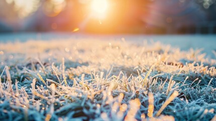 Morning sunlight shining on grass covered in frost