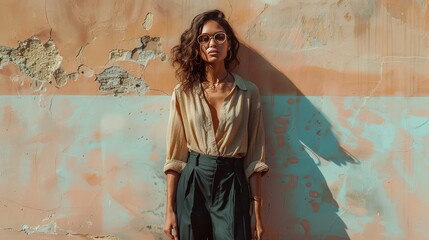 Minimalist fashion shoot with a full-body shot of a model in a stylish, understated outfit