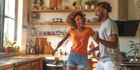 Fototapeta premium Young happy interracial couple dancing in kitchen. Caucasian guy and mixed-race girlfriend playing. Husband and wife enjoying morning time together.