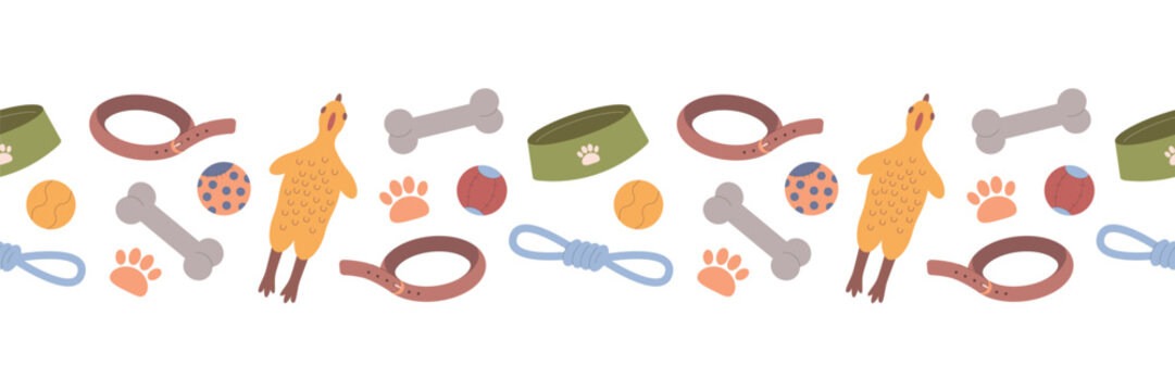 Pet toy seamless border. Isolated vector illustration for packaging, pet store, background