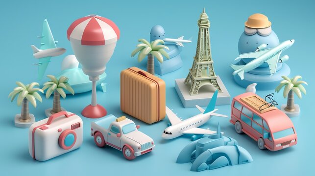 "Stock illustration featuring a collection of 3D icons for travel and tourism, depicting trip planning, world tours, holiday vacations, and various modes of travel and transport. Ideal for showcasing  - Powered by Adobe