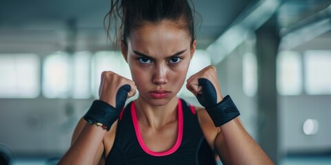 Fototapeta premium A serious boxing trainer in a gym alone. Caucasian trainer ready to fight in self-defense throughout gym workout. Fitness center kickboxing woman training.
