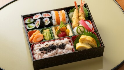 A traditional Japanese bento box, meticulously arranged with an assortment of colorful and fresh dishes.