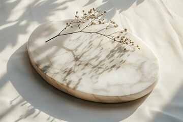 Marble oval board with shadow plants on light background for product display. Trendy neutral aesthetic layout template