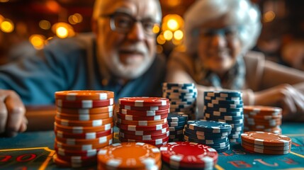 Elderly couple enjoying a night at the casino, surrounded by poker chips and gambling excitement under the warm lights.