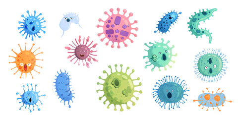 set of microbe and virus icons with a focus on common bacteria like E. coli and Staphylococcus aureus.