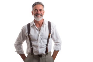 Smiling Senior Man in White Shirt and Suspenders on White Background